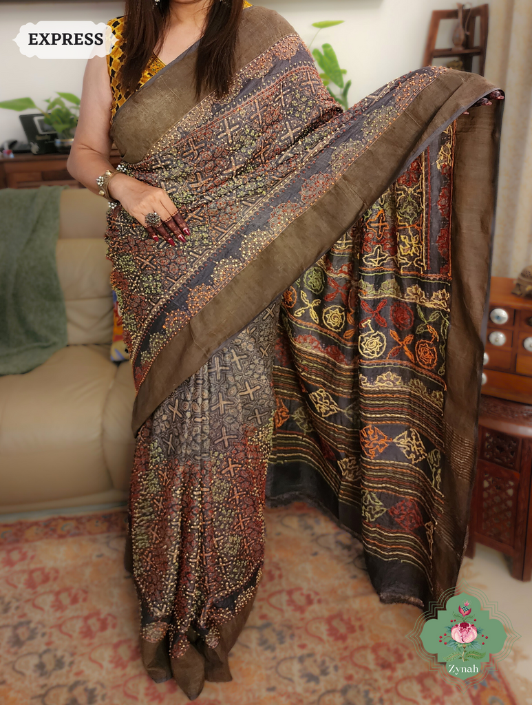 Dark Brown Ajrakh Pure Tussar Silk Saree, 100% Natural Dyed & Embroidery hightlights