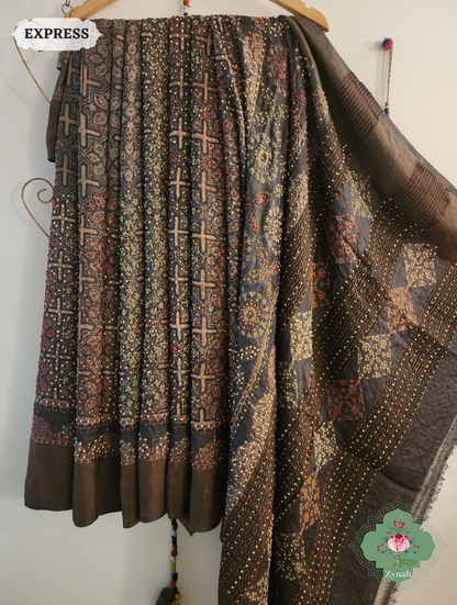 Dark Brown Ajrakh Pure Tussar Silk Saree, 100% Natural Dyed & Embroidery hightlights