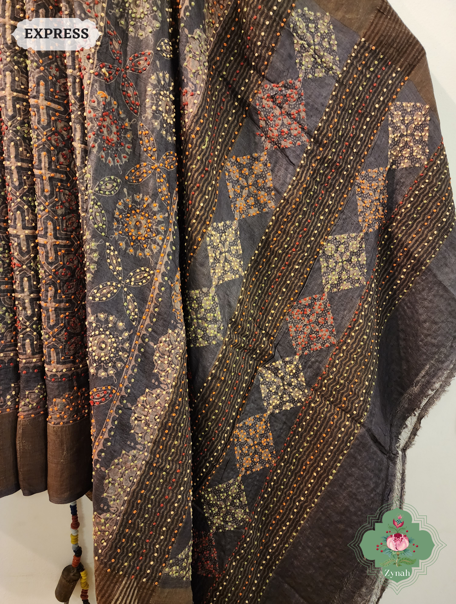Dark Brown Ajrakh Pure Tussar Silk Saree, 100% Natural Dyed & Embroidery hightlights