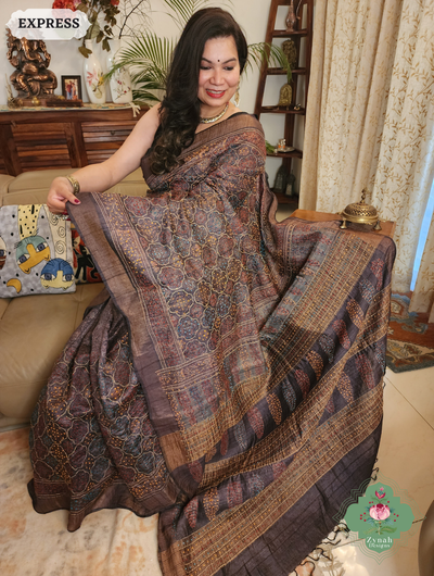 Zynah Dark Chocolate Brown Pure Tussar Silk Hand Block Print Ajrakh Saree With Hand Embroidery; Custom Stitched/Ready-made Blouse, Fall, Petticoat; SKU: 2409202506