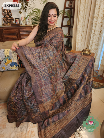 Zynah Dark Chocolate Brown Pure Tussar Silk Hand Block Print Ajrakh Saree With Hand Embroidery; Custom Stitched/Ready-made Blouse, Fall, Petticoat; SKU: 2409202506