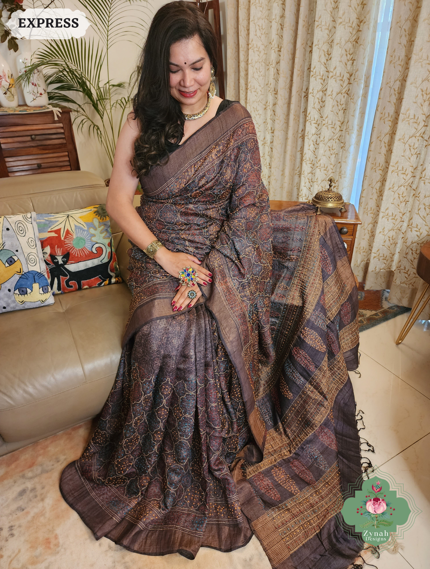 Zynah Dark Chocolate Brown Pure Tussar Silk Hand Block Print Ajrakh Saree With Hand Embroidery; Custom Stitched/Ready-made Blouse, Fall, Petticoat; SKU: 2409202506