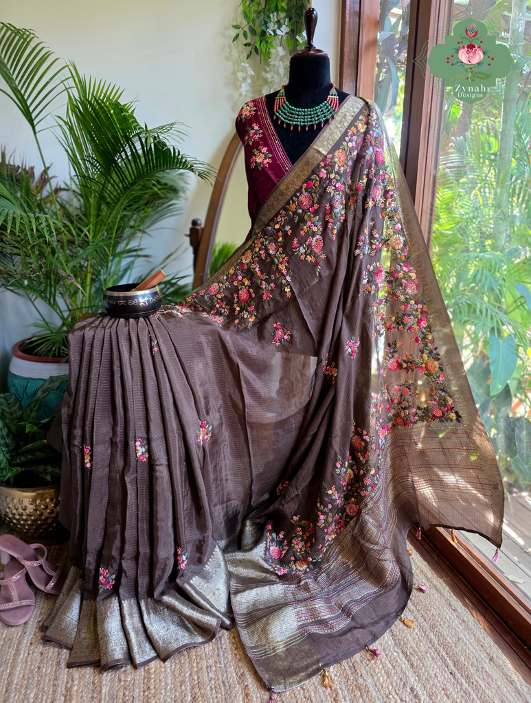 Zynah Dark Mocha Satin Silk Saree With French Knot Hand Embroidery & Fine Gold Zari Lines; Custom Stitched/Ready-made Blouse, Fall, Petticoat; SKU: 1806202601