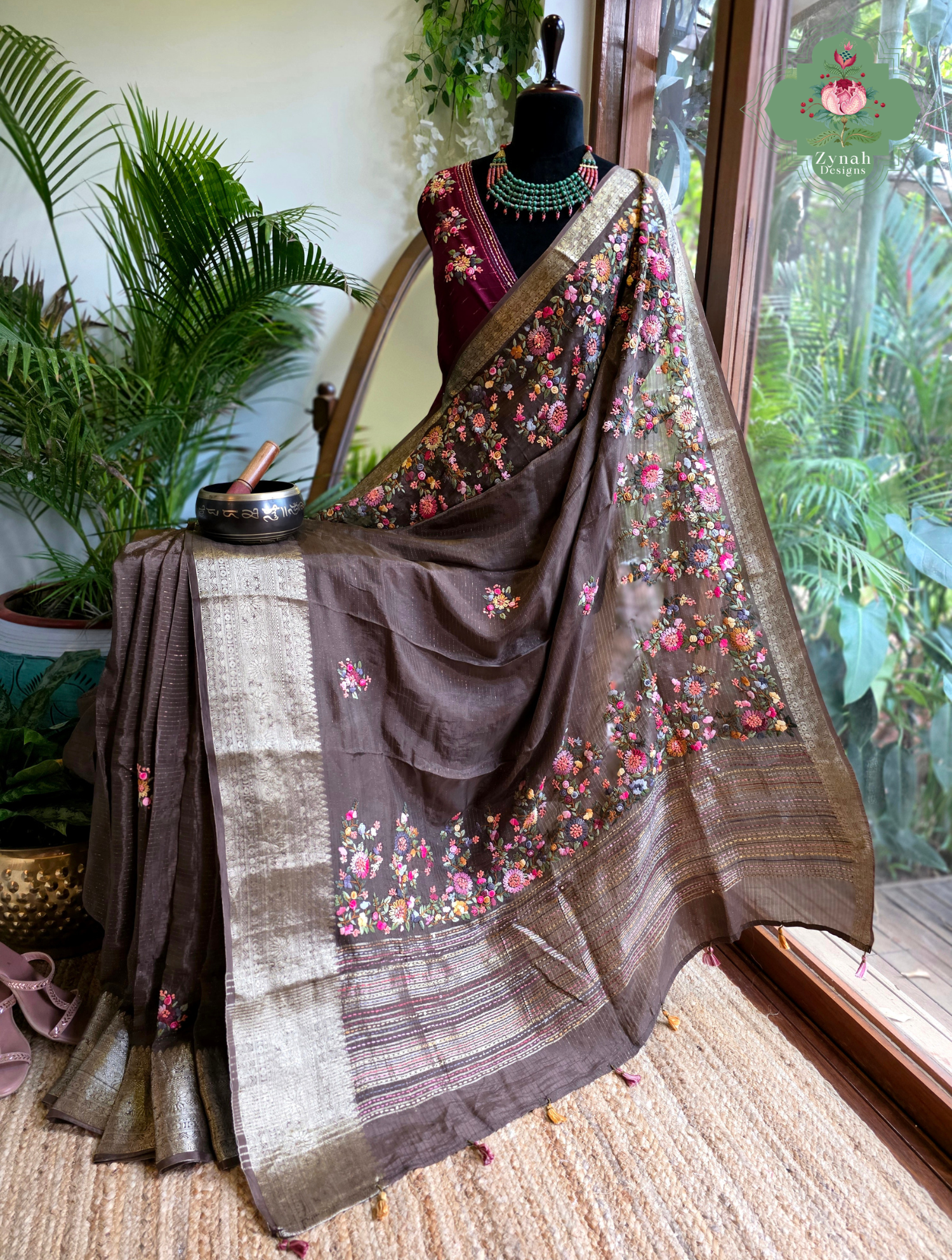 Zynah Dark Mocha Satin Silk Saree With French Knot Hand Embroidery & Fine Gold Zari Lines; Custom Stitched/Ready-made Blouse, Fall, Petticoat; SKU: 1806202601