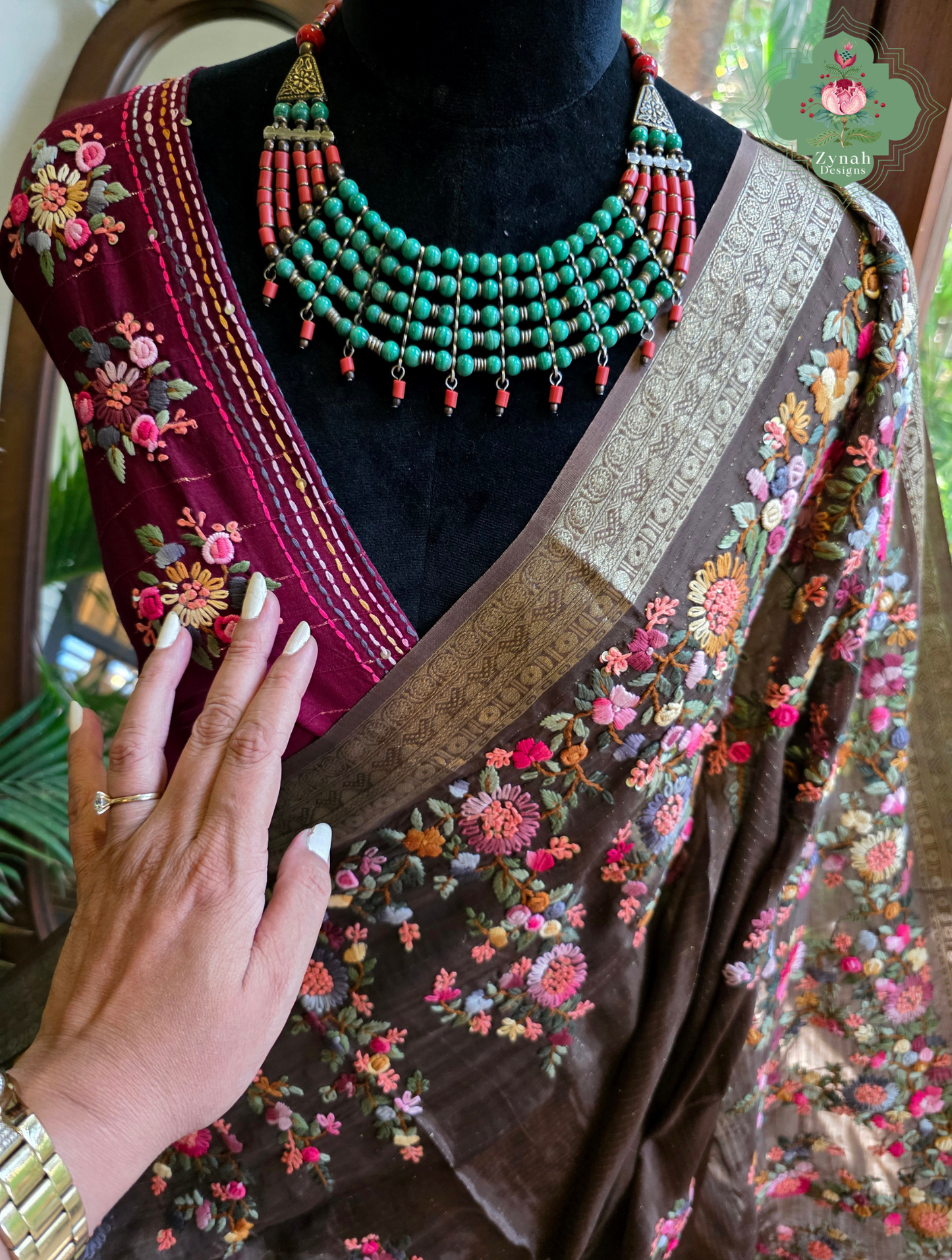 Zynah Mocha Étoile – Dark Mocha Satin Silk Saree with French Knot Hand Embroidery & Fine Gold Zari Lines