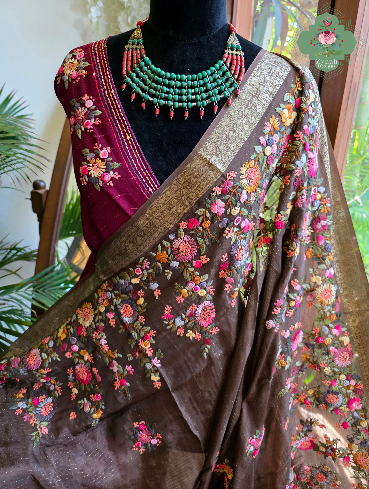 Zynah Mocha Étoile – Dark Mocha Satin Silk Saree with French Knot Hand Embroidery & Fine Gold Zari Lines