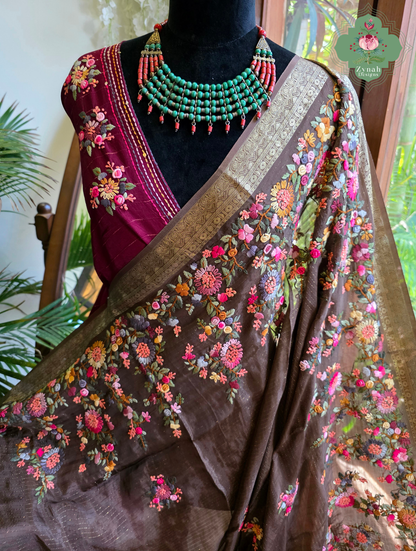 Zynah Mocha Étoile – Dark Mocha Satin Silk Saree with French Knot Hand Embroidery & Fine Gold Zari Lines