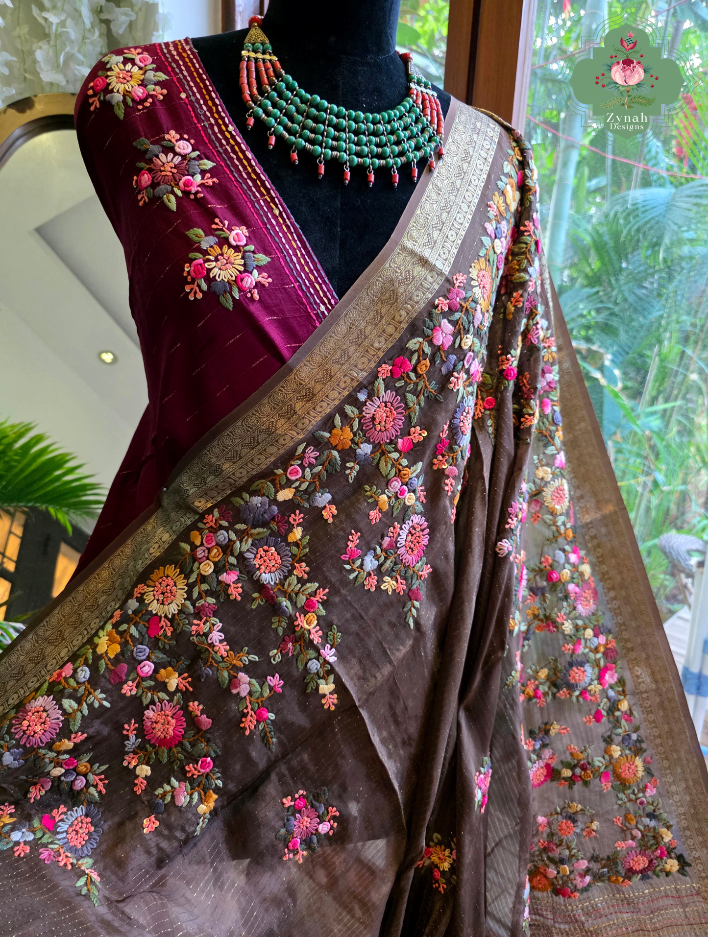 Zynah Mocha Étoile – Dark Mocha Satin Silk Saree with French Knot Hand Embroidery & Fine Gold Zari Lines