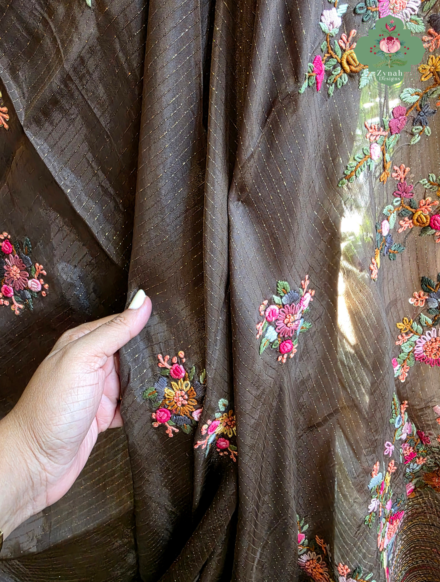 Zynah Mocha Étoile – Dark Mocha Satin Silk Saree with French Knot Hand Embroidery & Fine Gold Zari Lines