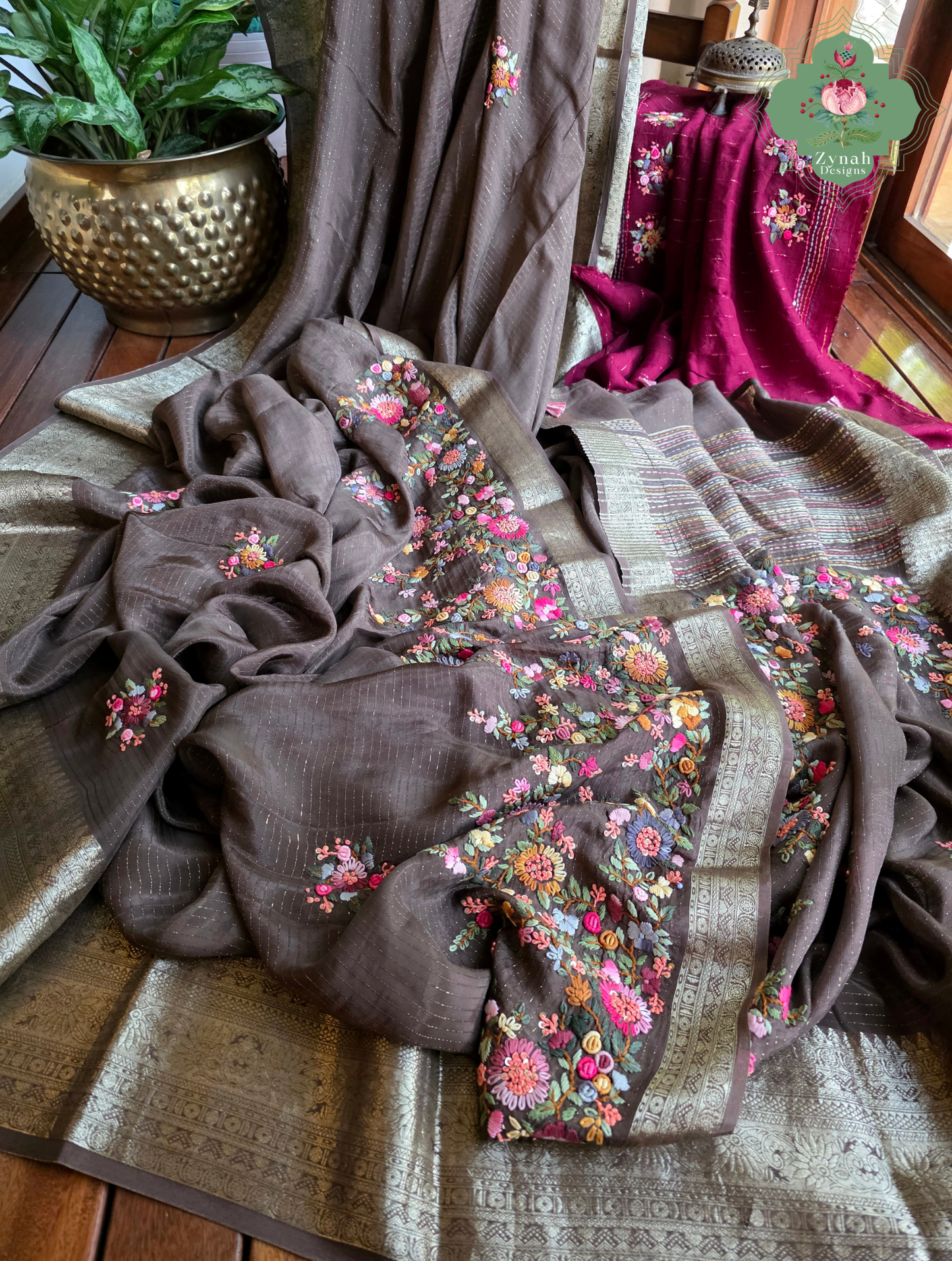 Zynah Mocha Étoile – Dark Mocha Satin Silk Saree with French Knot Hand Embroidery & Fine Gold Zari Lines