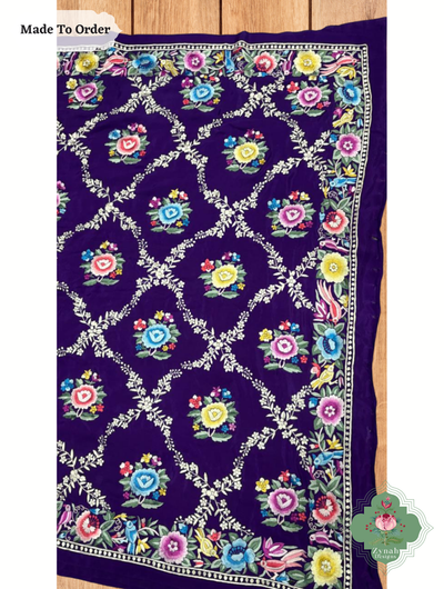 Zynah Made To Order Deep Purple Crepe Silk Hand Embrodered Parsi Gara Saree; Custom Stitched/Ready-made Blouse, Fall, Petticoat; SKU: 0812202504