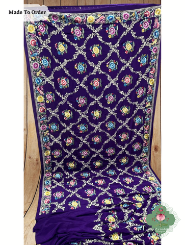 Zynah Made To Order Deep Purple Crepe Silk Hand Embrodered Parsi Gara Saree; Custom Stitched/Ready-made Blouse, Fall, Petticoat; SKU: 0812202504