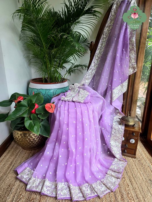 Delara | Lilac Pure Organza Silk Parsi Gara Saree With Hand Embroidery