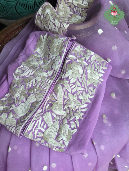 Delara | Lilac Pure Organza Silk Parsi Gara Saree With Hand Embroidery