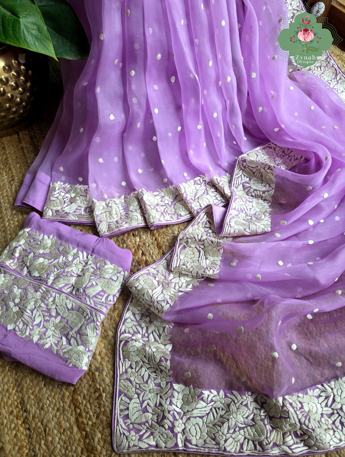 Delara | Lilac Pure Organza Silk Parsi Gara Saree With Hand Embroidery