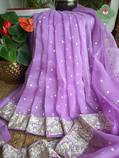 Delara | Lilac Pure Organza Silk Parsi Gara Saree With Hand Embroidery
