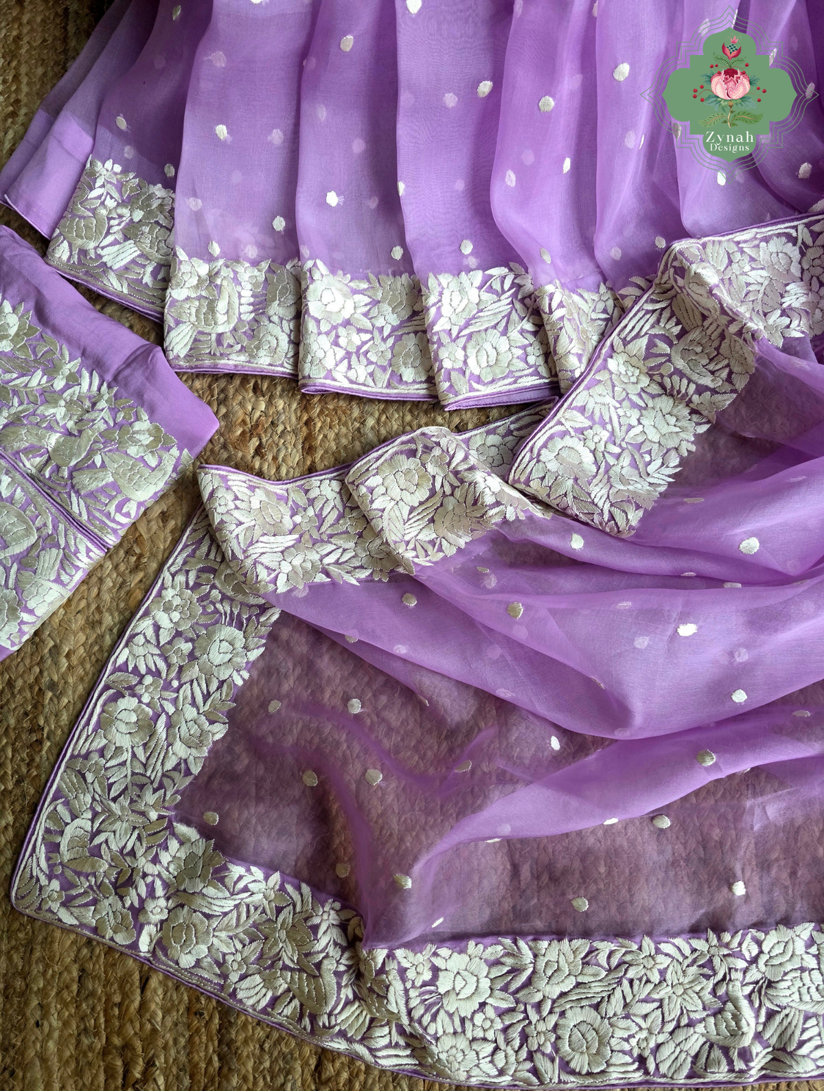 Delara | Lilac Pure Organza Silk Parsi Gara Saree With Hand Embroidery