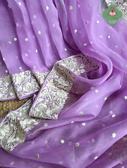 Delara | Lilac Pure Organza Silk Parsi Gara Saree With Hand Embroidery