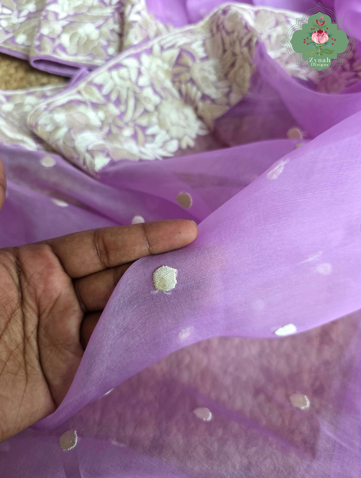 Delara | Lilac Pure Organza Silk Parsi Gara Saree With Hand Embroidery