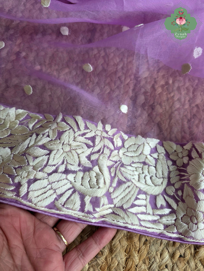 Delara | Lilac Pure Organza Silk Parsi Gara Saree With Hand Embroidery
