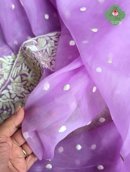 Delara | Lilac Pure Organza Silk Parsi Gara Saree With Hand Embroidery