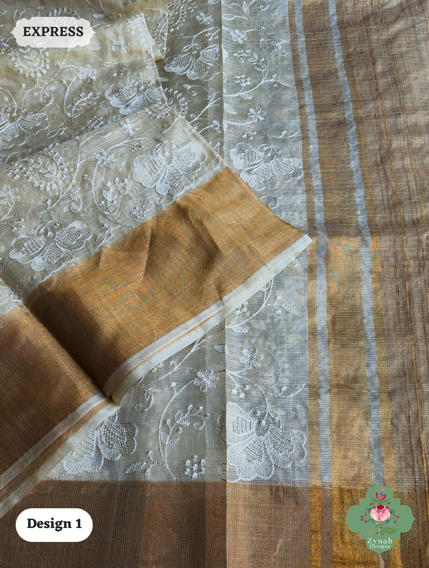 Zynah Off-White Pure Tussar Kota Silk Saree with Chikankari Inspired Embroidery, Ghiccha Pallu & Tassels; Custom Stitched/Ready-made Blouse, Fall, Petticoat; SKU2908202401