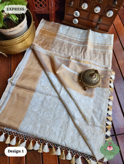 Zynah Off-White Pure Tussar Kota Silk Saree with Chikankari Inspired Embroidery, Ghiccha Pallu & Tassels; Custom Stitched/Ready-made Blouse, Fall, Petticoat; SKU2908202401