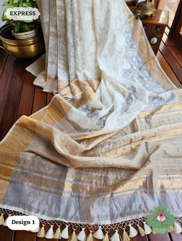 Zynah Off-White Pure Tussar Kota Silk Saree with Chikankari Inspired Embroidery, Ghiccha Pallu & Tassels; Custom Stitched/Ready-made Blouse, Fall, Petticoat; SKU2908202401