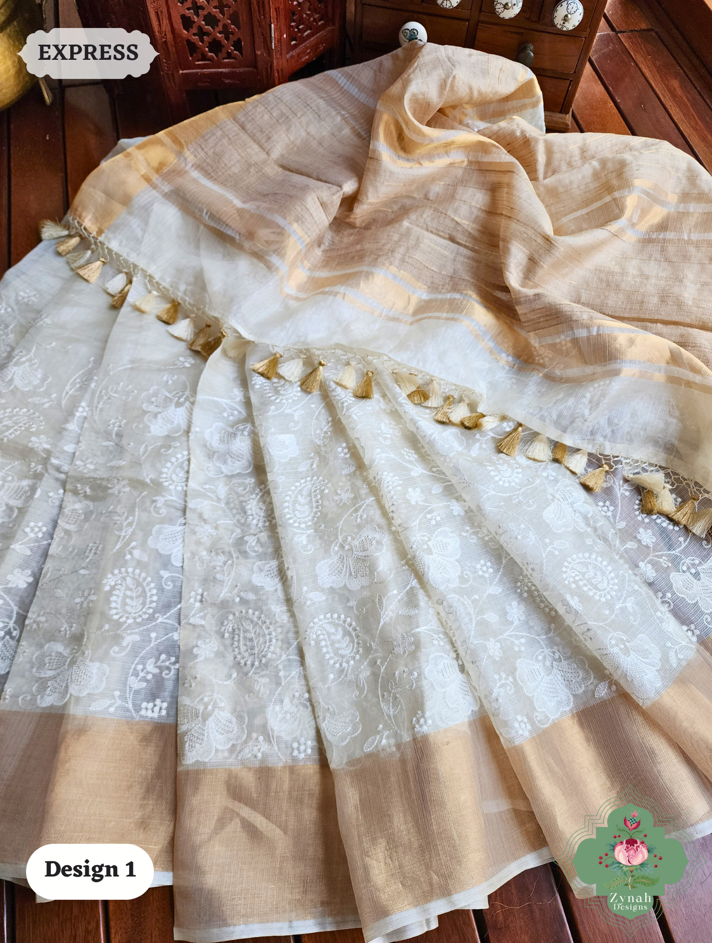 Zynah Off-White Pure Tussar Kota Silk Saree with Chikankari Inspired Embroidery, Ghiccha Pallu & Tassels; Custom Stitched/Ready-made Blouse, Fall, Petticoat; SKU2908202401