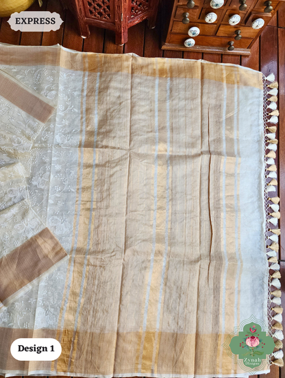 Zynah Off-White Pure Tussar Kota Silk Saree with Chikankari Inspired Embroidery, Ghiccha Pallu & Tassels; Custom Stitched/Ready-made Blouse, Fall, Petticoat; SKU2908202401