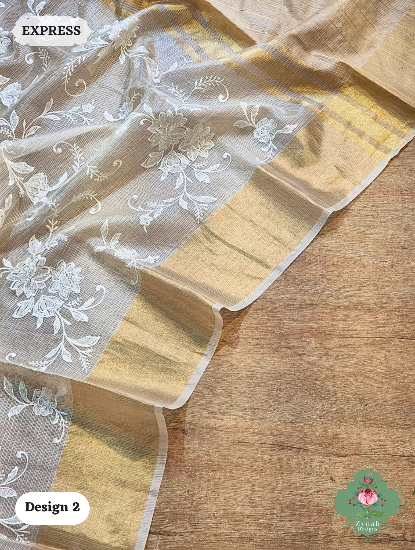 Zynah Off-White Pure Tussar Kota Silk Saree with Chikankari Inspired Embroidery, Ghiccha Pallu & Tassels; Custom Stitched/Ready-made Blouse, Fall, Petticoat; SKU2908202402