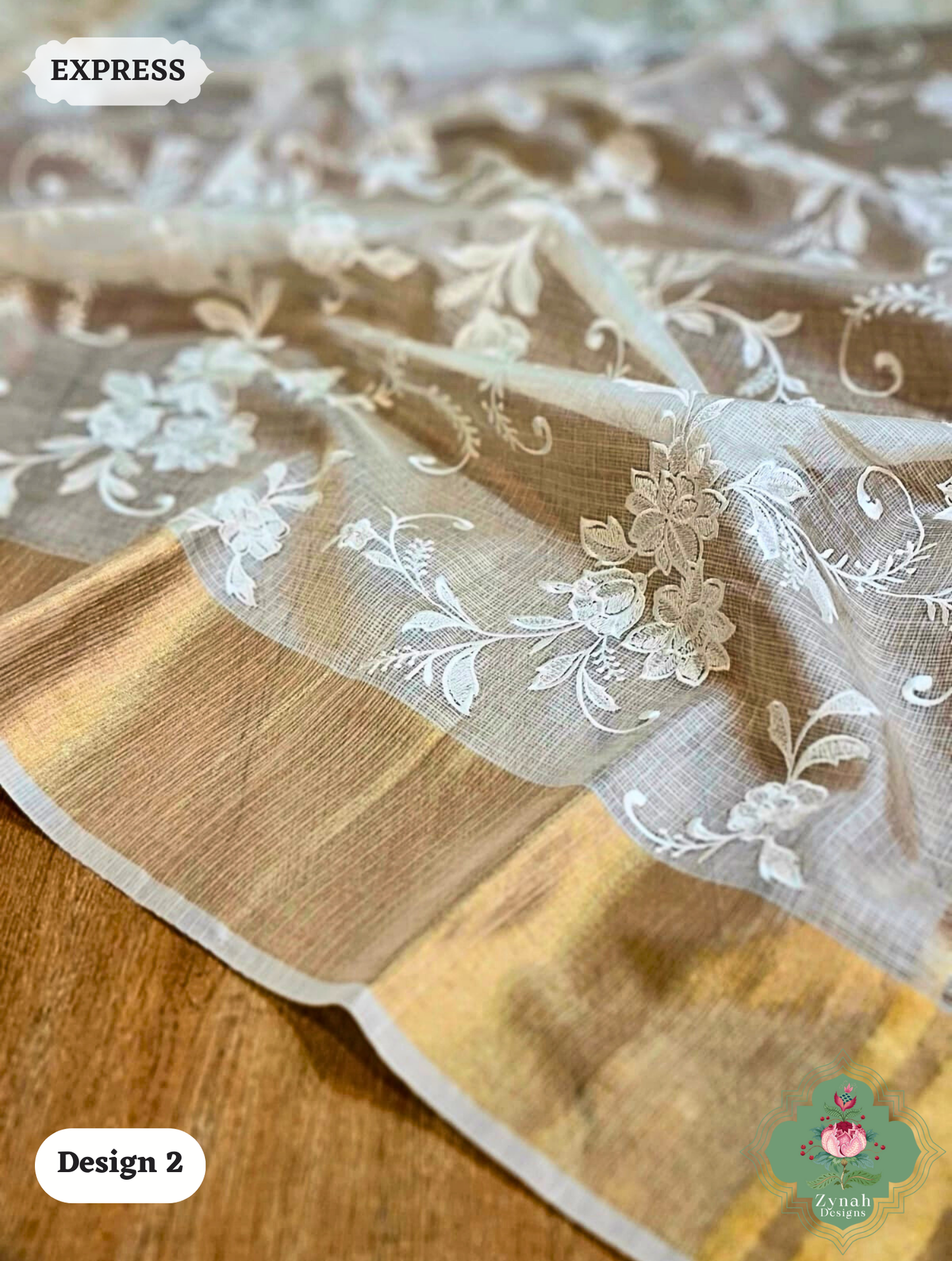 Zynah Off-White Pure Tussar Kota Silk Saree with Chikankari Inspired Embroidery, Ghiccha Pallu & Tassels; Custom Stitched/Ready-made Blouse, Fall, Petticoat; SKU2908202402