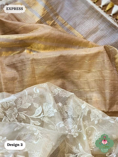 Zynah Off-White Pure Tussar Kota Silk Saree with Chikankari Inspired Embroidery, Ghiccha Pallu & Tassels; Custom Stitched/Ready-made Blouse, Fall, Petticoat; SKU2908202402