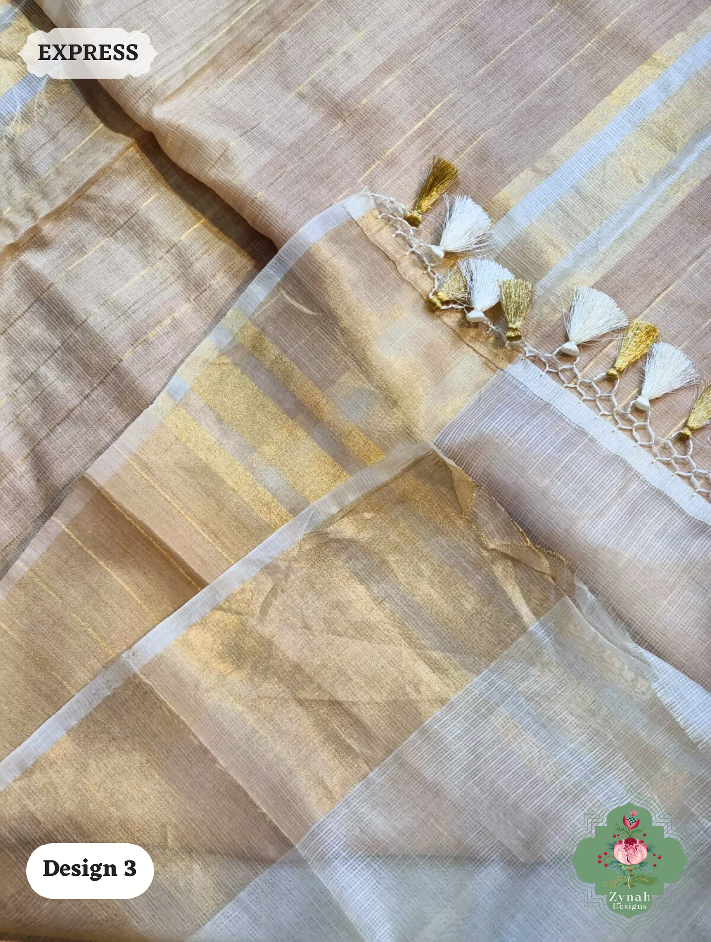 Zynah Off-White Pure Tussar Kota Silk Saree with Chikankari Inspired Embroidery, Ghiccha Pallu & Tassels; Custom Stitched/Ready-made Blouse, Fall, Petticoat; SKU2908202403