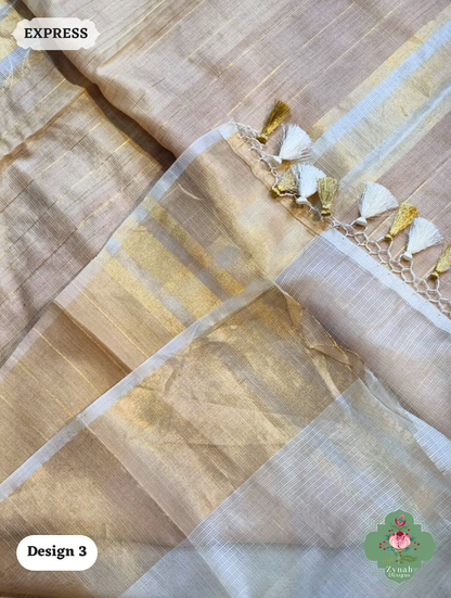 Zynah Off-White Pure Tussar Kota Silk Saree with Chikankari Inspired Embroidery, Ghiccha Pallu & Tassels; Custom Stitched/Ready-made Blouse, Fall, Petticoat; SKU2908202403