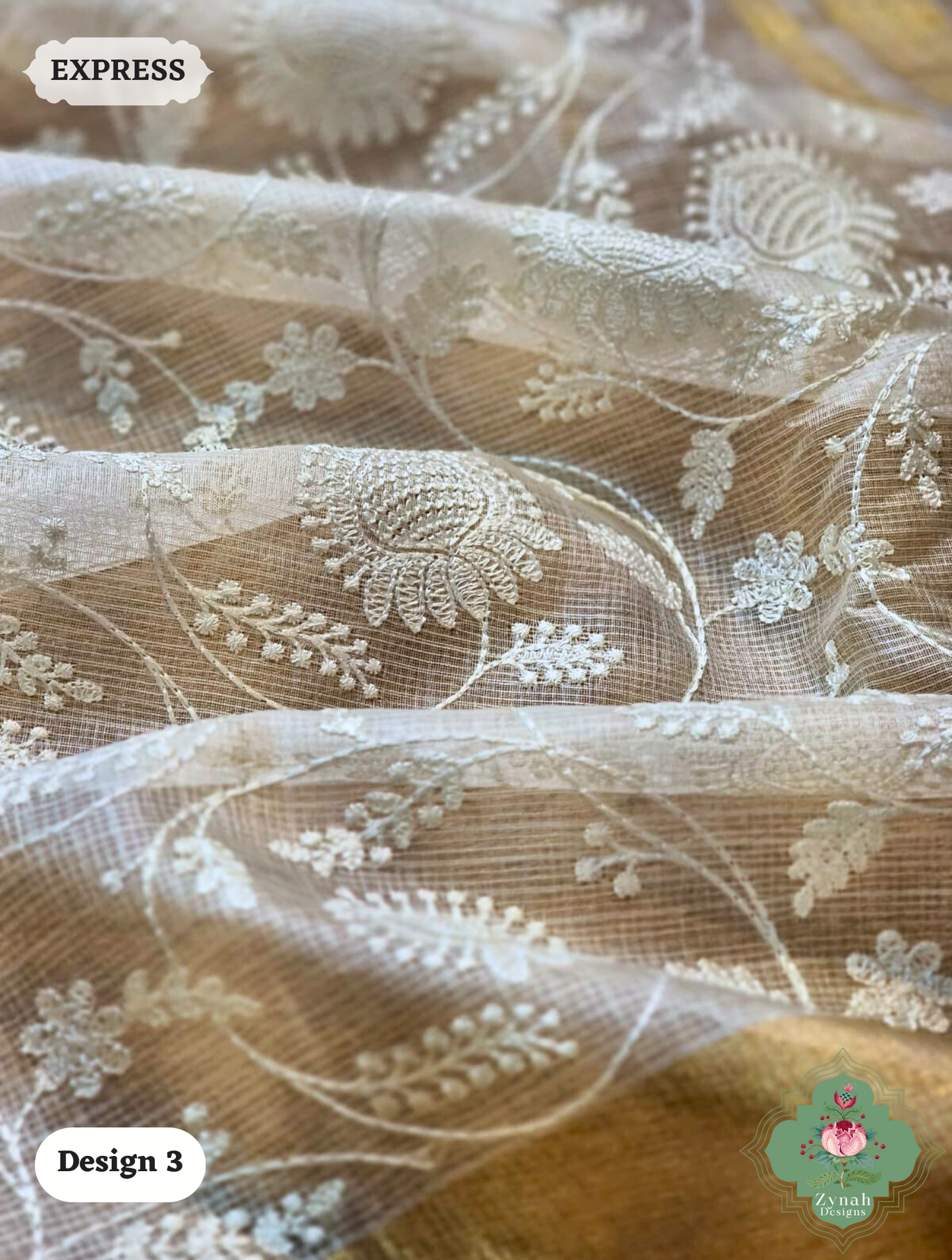 Zynah Off-White Pure Tussar Kota Silk Saree with Chikankari Inspired Embroidery, Ghiccha Pallu & Tassels; Custom Stitched/Ready-made Blouse, Fall, Petticoat; SKU2908202403