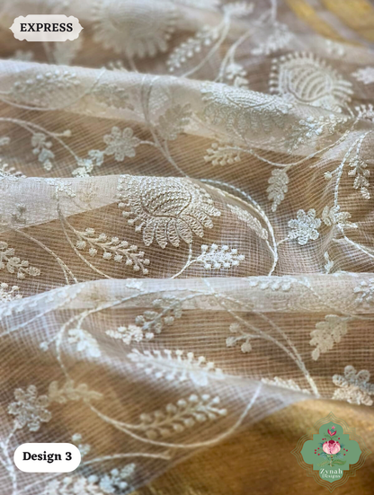 Zynah Off-White Pure Tussar Kota Silk Saree with Chikankari Inspired Embroidery, Ghiccha Pallu & Tassels; Custom Stitched/Ready-made Blouse, Fall, Petticoat; SKU2908202403