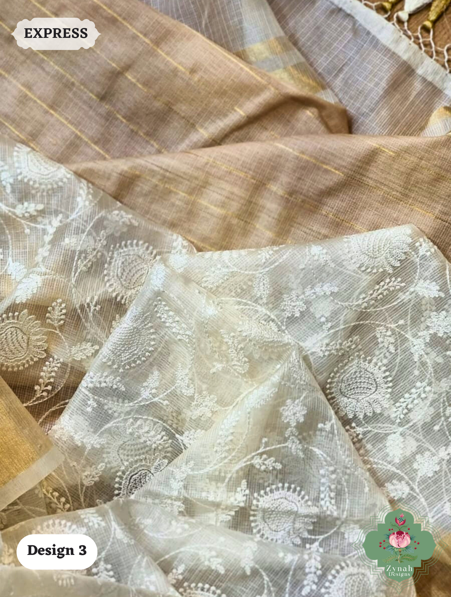 Zynah Off-White Pure Tussar Kota Silk Saree with Chikankari Inspired Embroidery, Ghiccha Pallu & Tassels; Custom Stitched/Ready-made Blouse, Fall, Petticoat; SKU2908202403