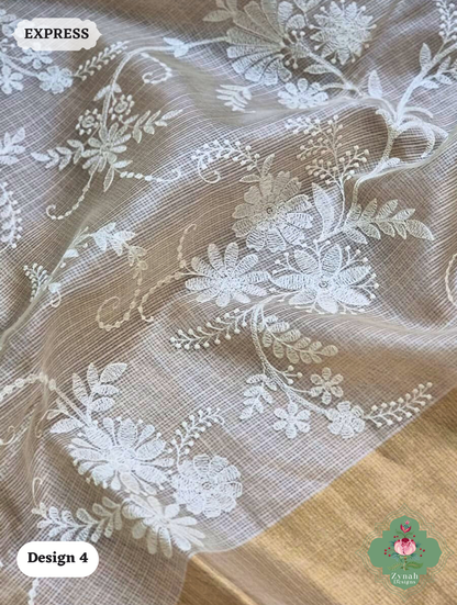 Zynah Off-White Pure Tussar Kota Silk Saree with Chikankari Inspired Embroidery, Ghiccha Pallu & Tassels; Custom Stitched/Ready-made Blouse, Fall, Petticoat; SKU2908202404