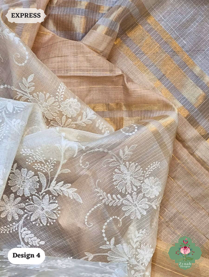 Zynah Off-White Pure Tussar Kota Silk Saree with Chikankari Inspired Embroidery, Ghiccha Pallu & Tassels; Custom Stitched/Ready-made Blouse, Fall, Petticoat; SKU2908202404