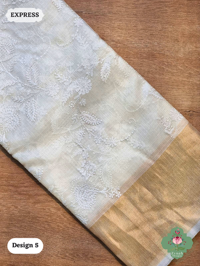 Zynah Off-White Pure Tussar Kota Silk Saree with Chikankari Inspired Embroidery, Ghiccha Pallu & Tassels; Custom Stitched/Ready-made Blouse, Fall, Petticoat; SKU2908202405