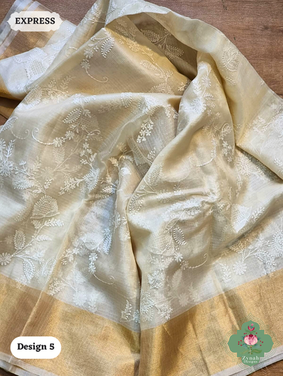 Zynah Off-White Pure Tussar Kota Silk Saree with Chikankari Inspired Embroidery, Ghiccha Pallu & Tassels; Custom Stitched/Ready-made Blouse, Fall, Petticoat; SKU2908202405