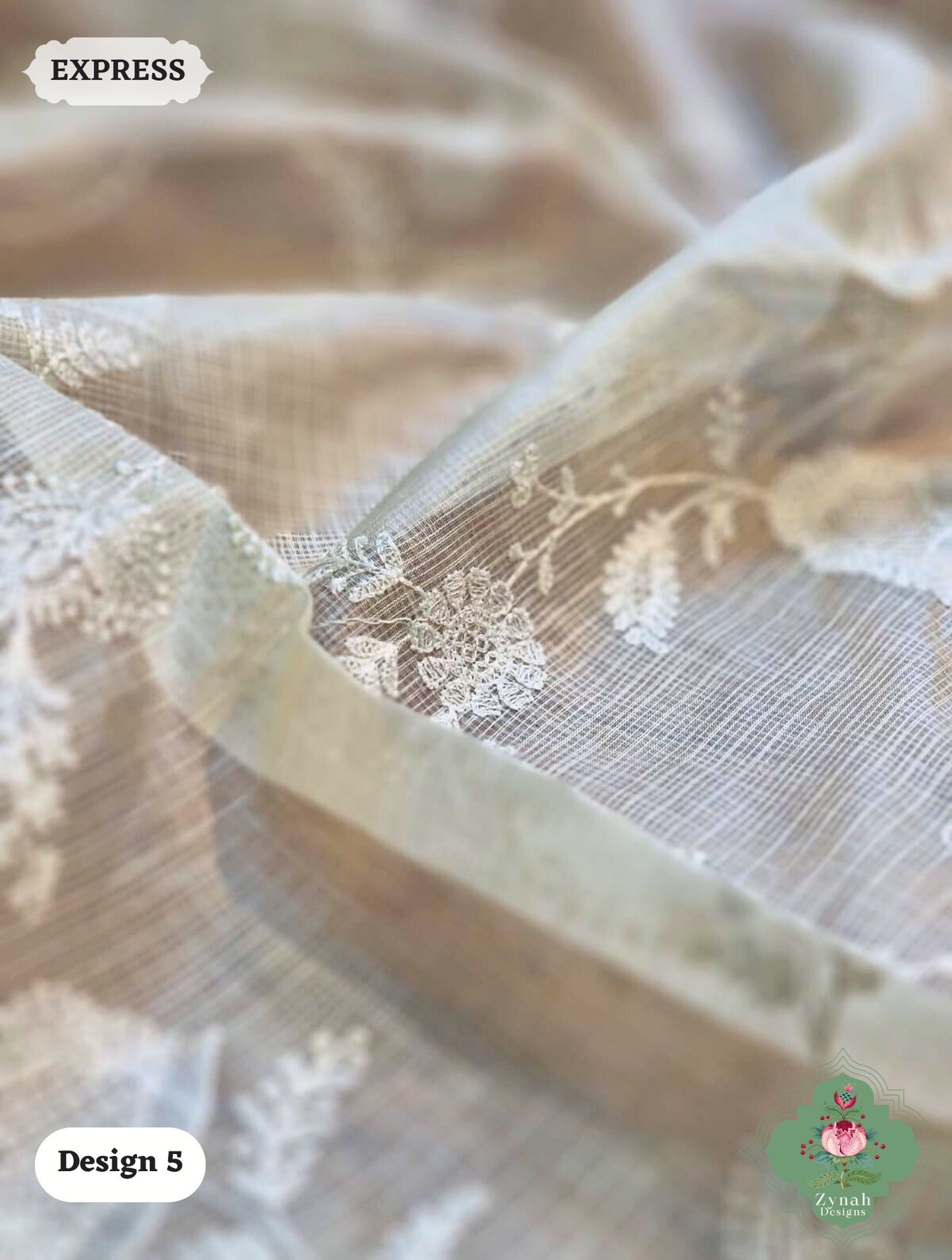 Zynah Off-White Pure Tussar Kota Silk Saree with Chikankari Inspired Embroidery, Ghiccha Pallu & Tassels; Custom Stitched/Ready-made Blouse, Fall, Petticoat; SKU2908202405