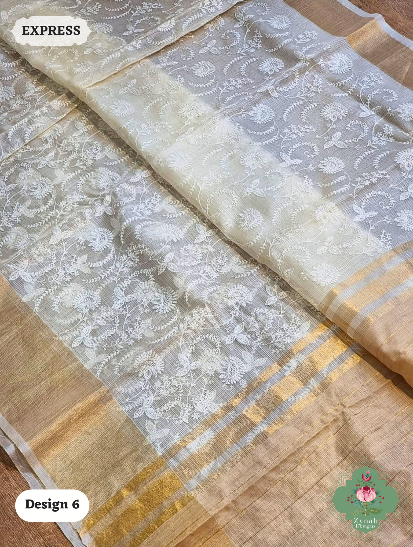 Zynah Off-White Pure Tussar Kota Silk Saree with Chikankari Inspired Embroidery, Ghiccha Pallu & Tassels; Custom Stitched/Ready-made Blouse, Fall, Petticoat; SKU2908202406