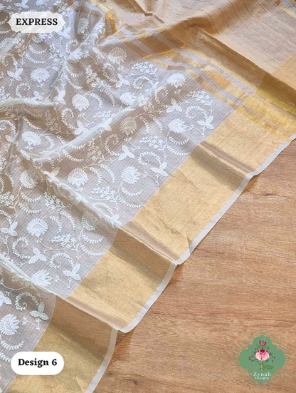 Zynah Off-White Pure Tussar Kota Silk Saree with Chikankari Inspired Embroidery, Ghiccha Pallu & Tassels; Custom Stitched/Ready-made Blouse, Fall, Petticoat; SKU2908202406