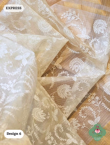 Zynah Off-White Pure Tussar Kota Silk Saree with Chikankari Inspired Embroidery, Ghiccha Pallu & Tassels; Custom Stitched/Ready-made Blouse, Fall, Petticoat; SKU2908202406