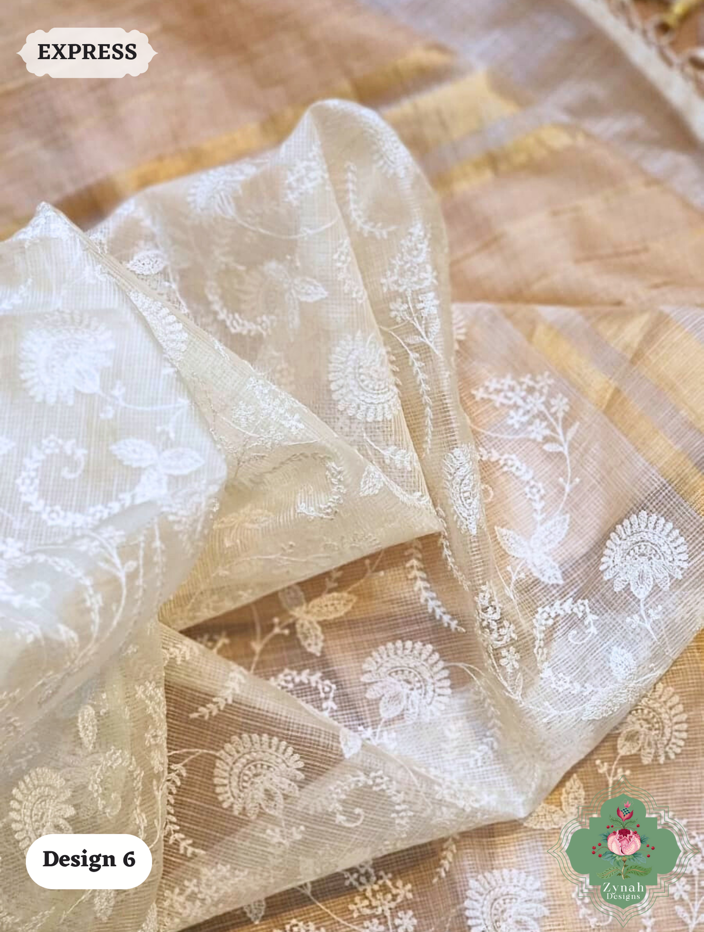 Zynah Off-White Pure Tussar Kota Silk Saree with Chikankari Inspired Embroidery, Ghiccha Pallu & Tassels; Custom Stitched/Ready-made Blouse, Fall, Petticoat; SKU2908202406