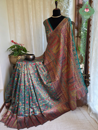 Devika | Teal Blue & Rust Red Kashmiri Pure Kani Tissue Silk Jamavar Weave Saree | Made To Order