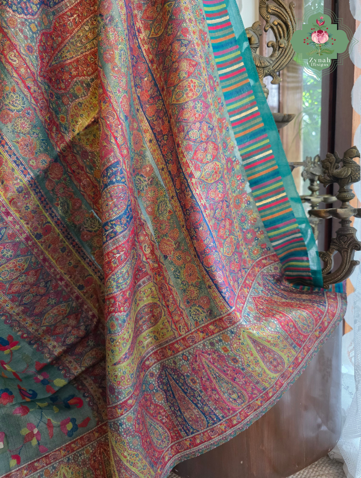 Devika | Teal Blue & Rust Red Kashmiri Pure Kani Tissue Silk Jamavar Weave Saree | Made To Order
