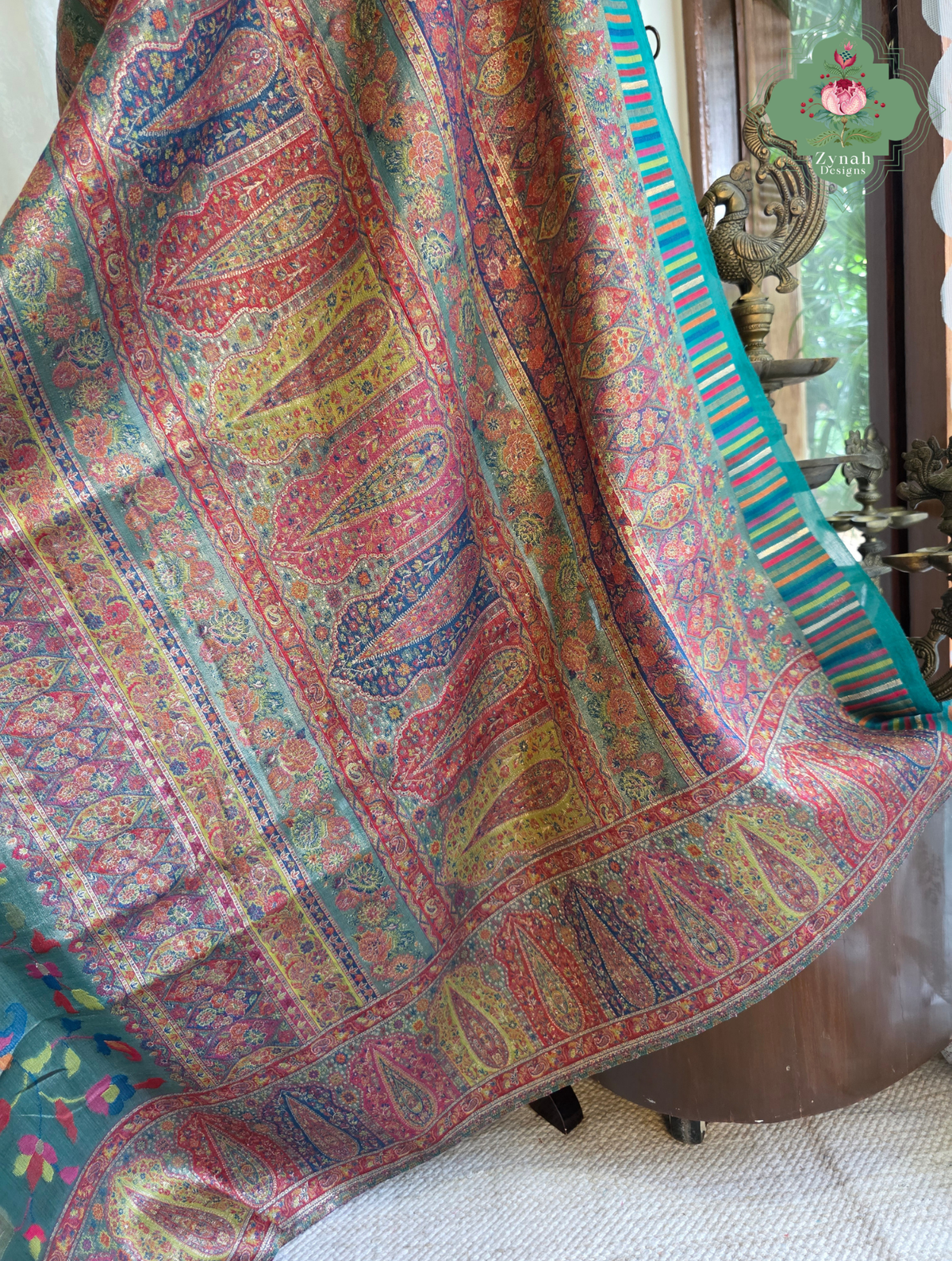Devika | Teal Blue & Rust Red Kashmiri Pure Kani Tissue Silk Jamavar Weave Saree | Made To Order